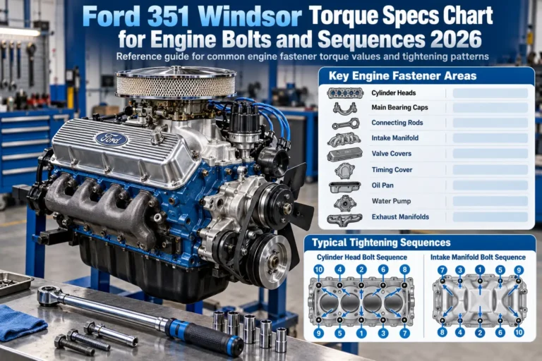 Ford 351 Windsor Torque Specs Chart for Engine Bolts and Sequences 2026 15 Ford 351 Windsor V8 torque specs chart showing engine fasteners, cylinder head bolts, and intake manifold tightening sequences.