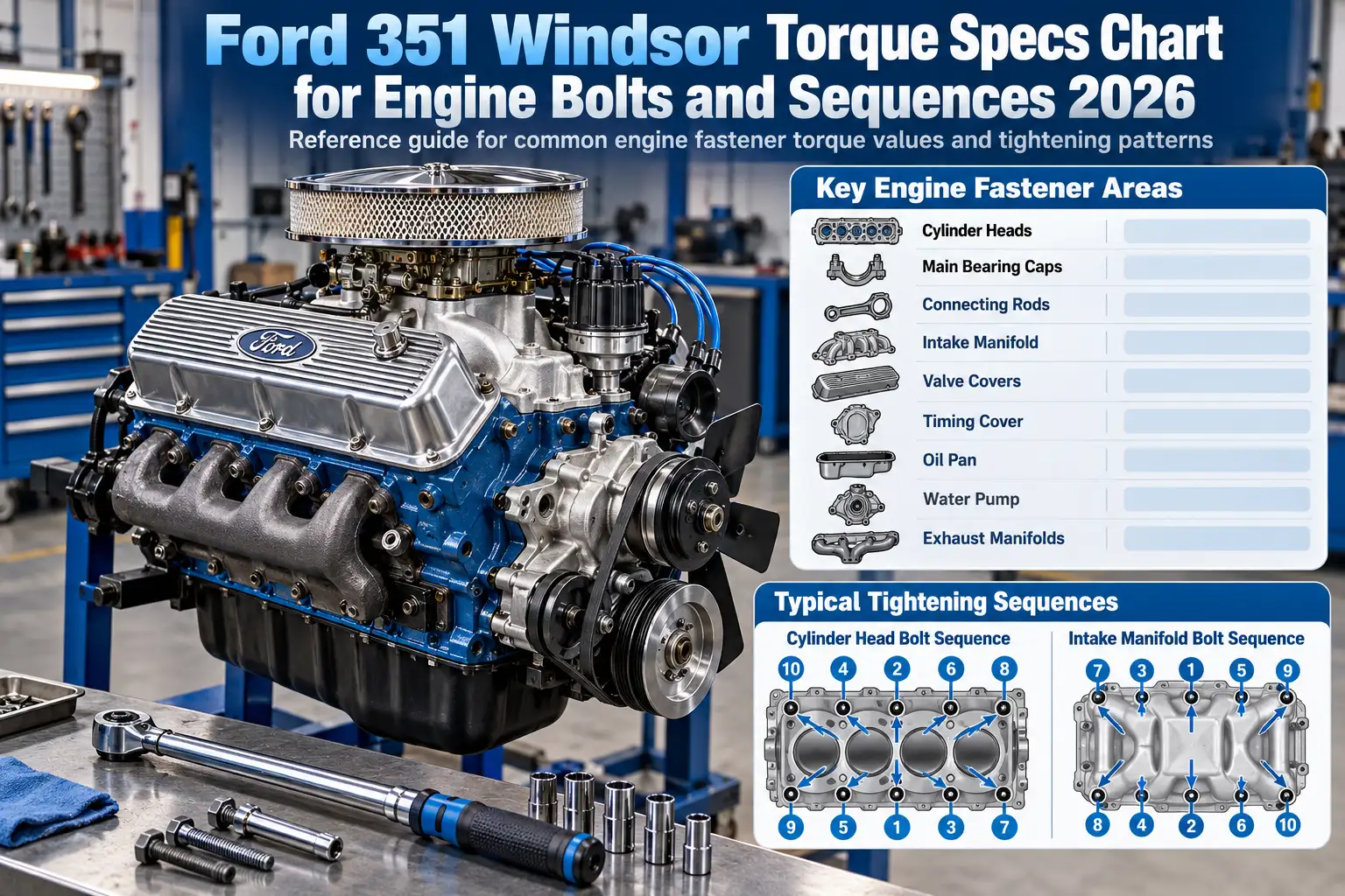 Ford 351 Windsor V8 torque specs chart showing engine fasteners, cylinder head bolts, and intake manifold tightening sequences.