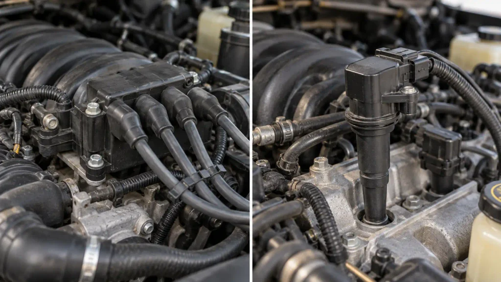 Ford 4.6 V8 coil-pack wires compared with coil-on-plug ignition components