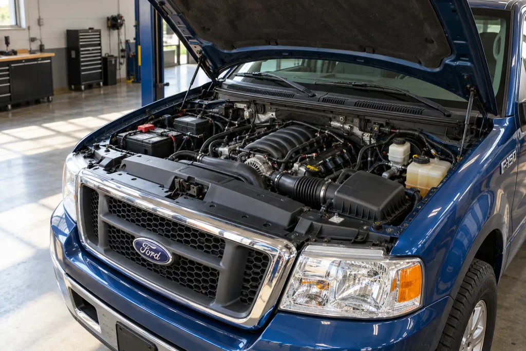 Ford 4.6 Triton firing order guide showing an F-150 engine bay