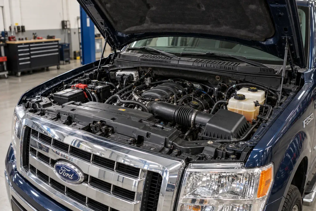 Ford 4.6L Triton Torque Specs Chart: Head Bolts, Cam Caps & Sequence 2026 2 2009 Ford F-150 engine bay illustrating Ford 4.6 Triton torque specs