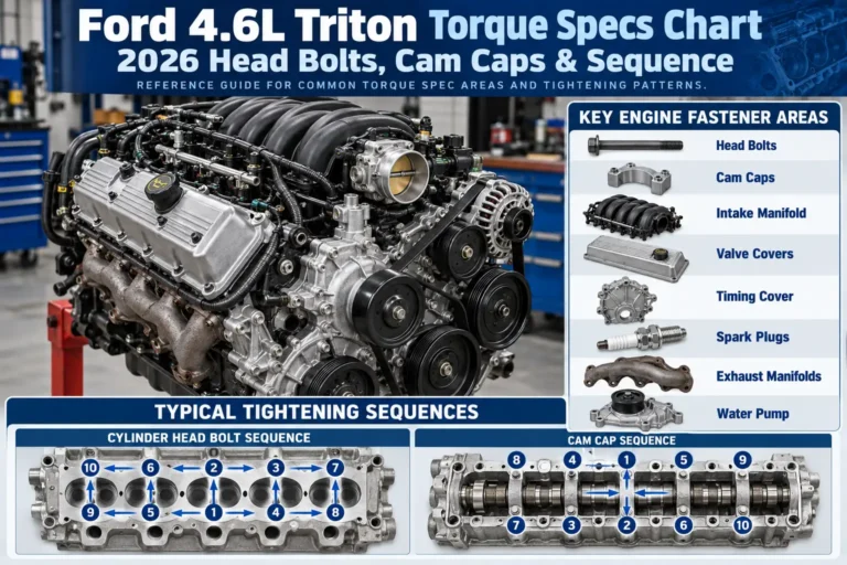 Ford 4.6L Triton Torque Specs Chart: Head Bolts, Cam Caps & Sequence 2026 5 Ford 4.6L Triton V8 engine with torque specs chart, cylinder head bolt tightening sequence, and cam cap sequence.