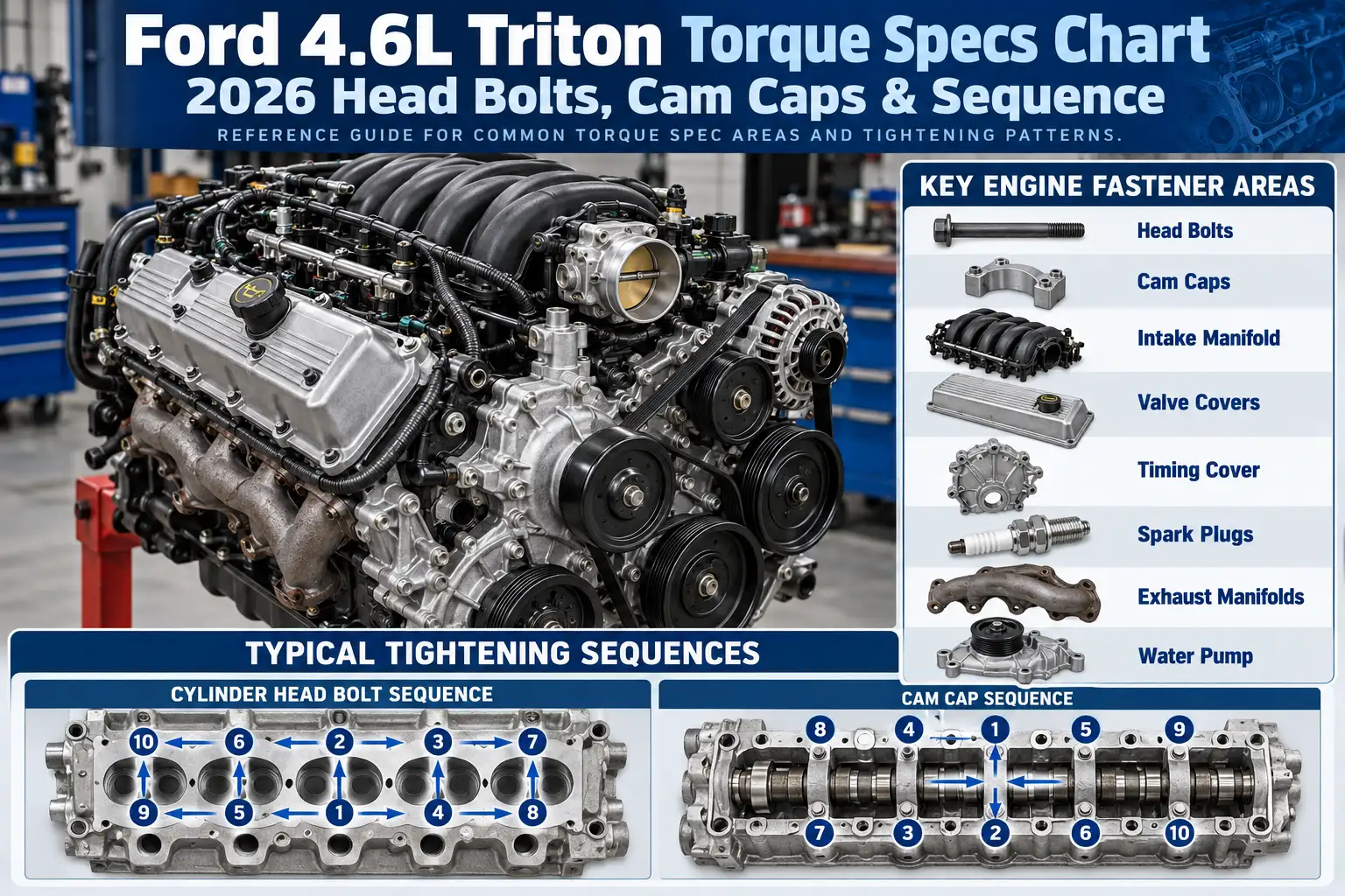 Ford 4.6L Triton Torque Specs Chart: Head Bolts, Cam Caps & Sequence 2026 1 Ford 4.6L Triton V8 engine with torque specs chart, cylinder head bolt tightening sequence, and cam cap sequence.