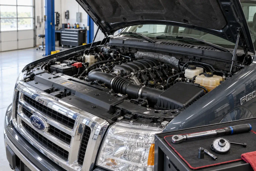 Ford 5.4L Triton Torque Specs Chart: 2026 Head Bolts, Cam Caps & Sequence 2 Ford 5.4 Triton engine bay with torque wrench for torque specs guide
