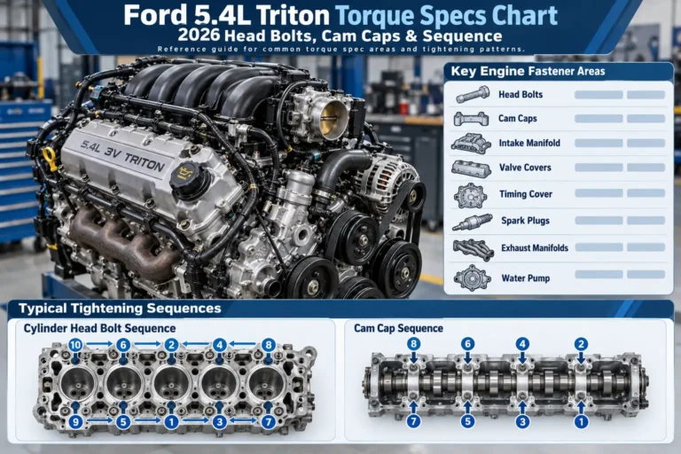 Ford 5.4L Triton Torque Specs Chart: 2026 Head Bolts, Cam Caps & Sequence 1 Ford 5.4L Triton V8 torque specs chart showing engine fasteners, cylinder head bolt tightening sequence, and cam cap sequence.