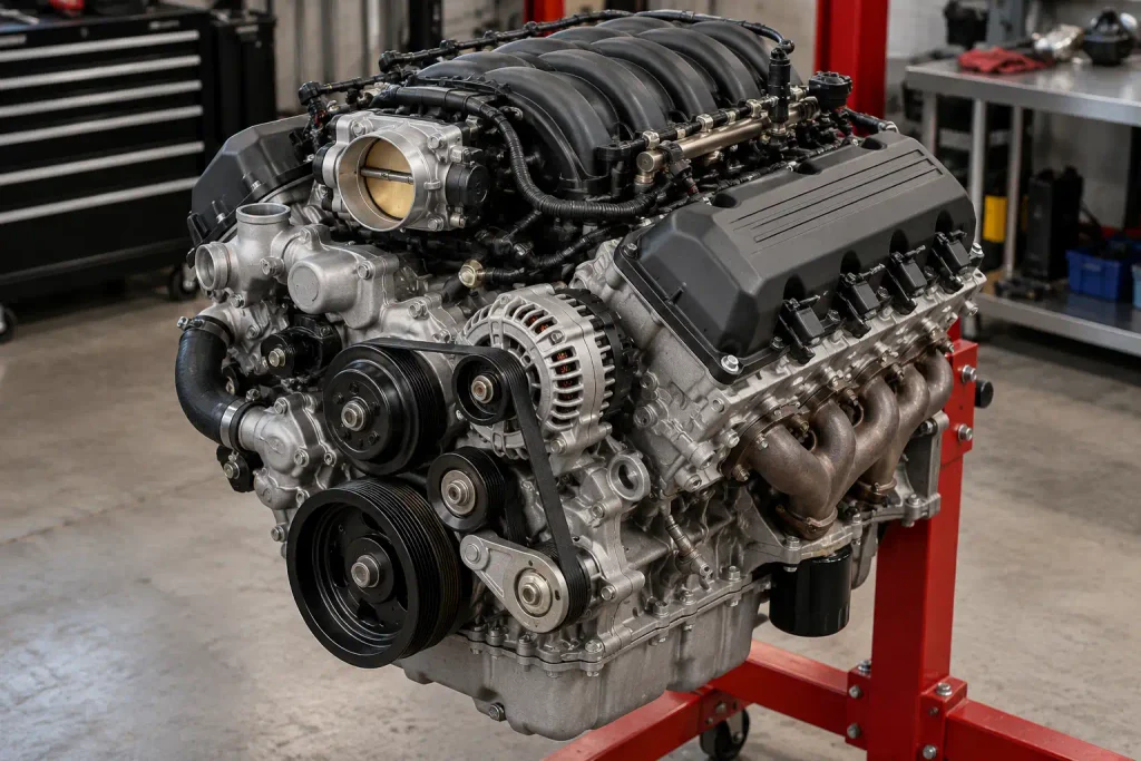 Ford 6.2 Engine Diagram With Labeled Parts and Locations 2026 3 Ford 6.2L Boss V8 engine assembly mounted on a workshop stand