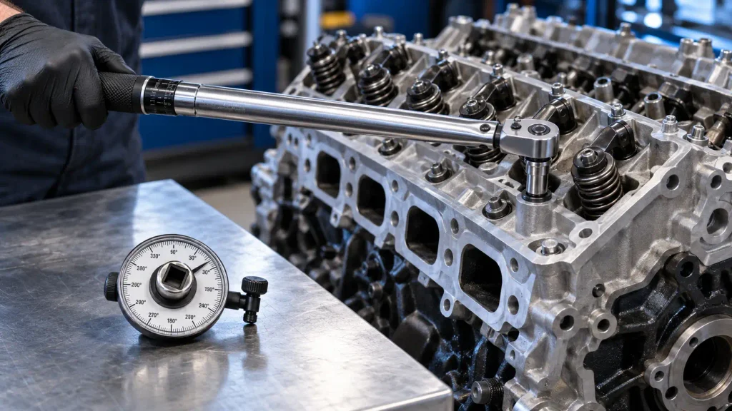 Ford 6.2L V8 Torque Specs Chart: 2026 Head Bolts, Mains & Sequence 3 Mechanic demonstrates torque wrench and angle gauge beside Ford 6.2L engine components