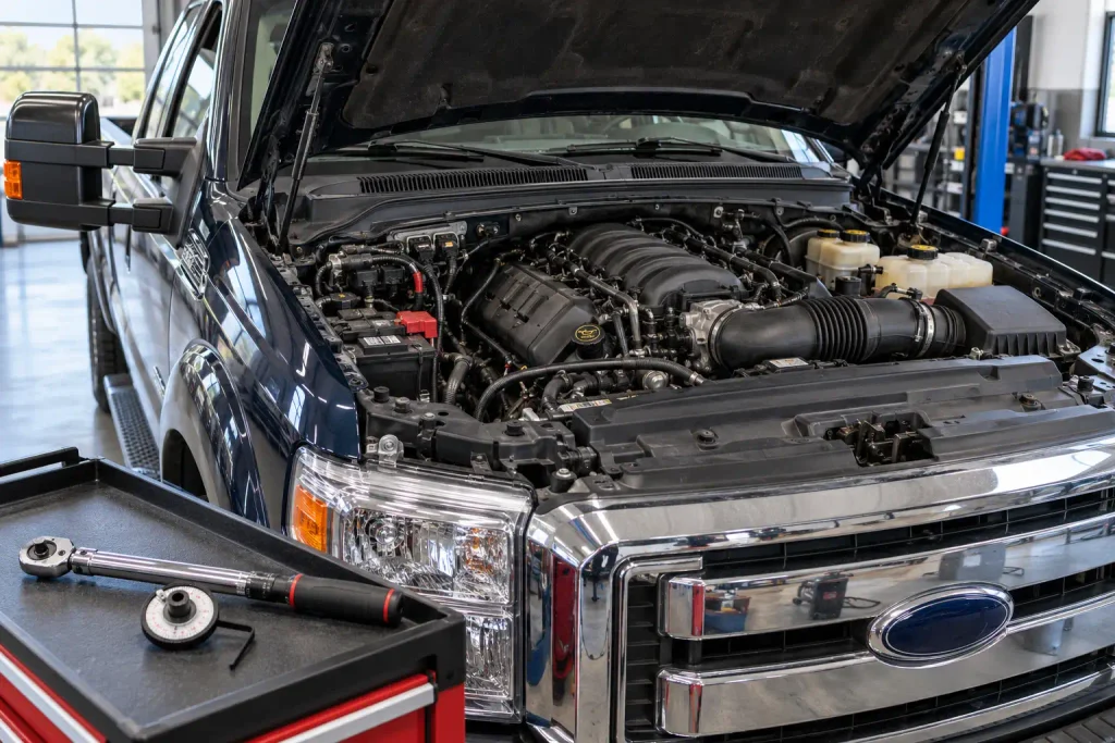 Ford 6.2L V8 Torque Specs Chart: 2026 Head Bolts, Mains & Sequence 2 Ford 6.2 torque specs illustrated with Boss V8 engine and torque wrench