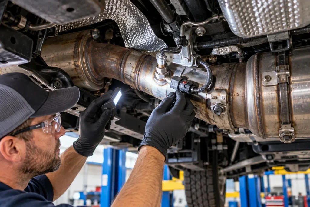 Ford P20EE Code Causes, Symptoms, and Fixes by Model Year 2026 3 Technician inspecting NOx sensor wiring on Ford 6.7L Powerstroke exhaust