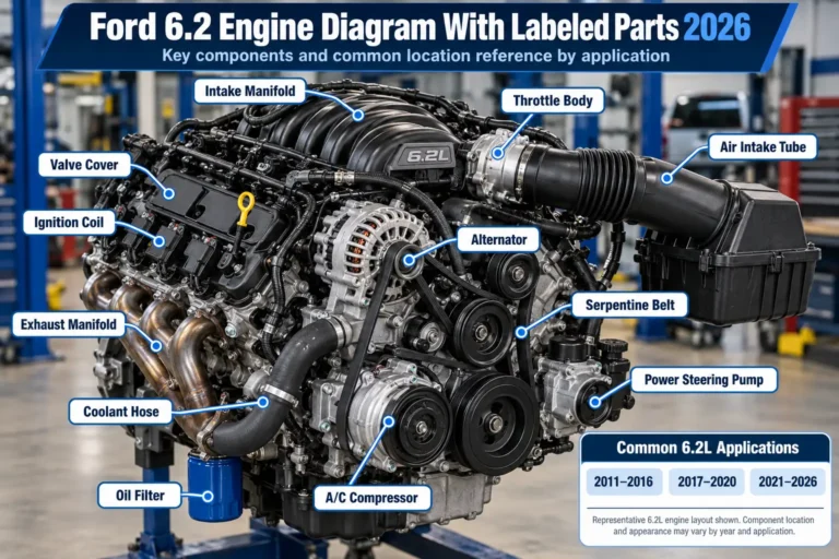 Ford 6.2L V8 engine diagram with labeled parts, including intake manifold, ignition coils, alternator, serpentine belt, and oil filter