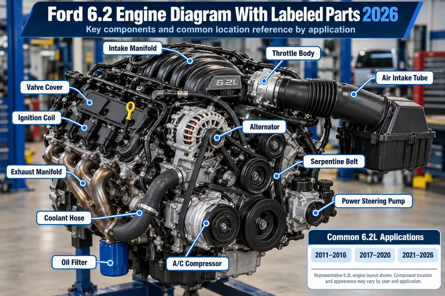 Ford 6.2 Engine Diagram With Labeled Parts and Locations 2026 1 Ford 6.2L V8 engine diagram with labeled parts, including intake manifold, ignition coils, alternator, serpentine belt, and oil filter