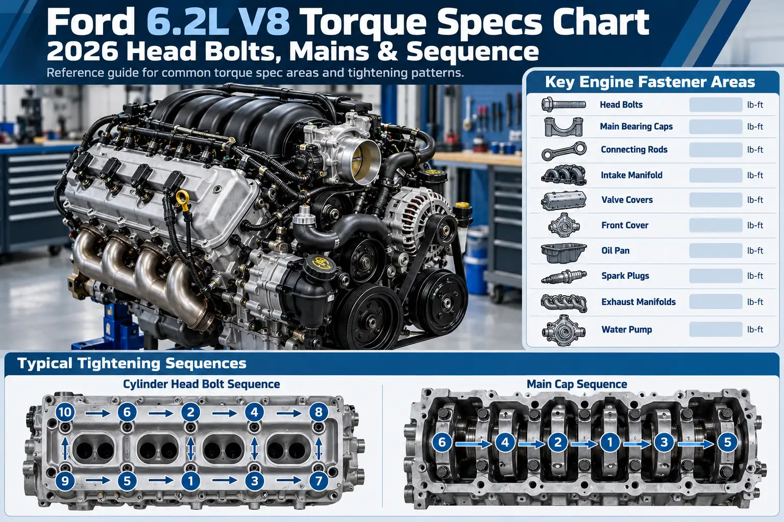 Ford 6.2L V8 Torque Specs Chart: 2026 Head Bolts, Mains & Sequence 1 Ford 6.2L V8 torque specs chart showing engine fasteners, cylinder head bolt tightening sequence, and main bearing cap sequence.