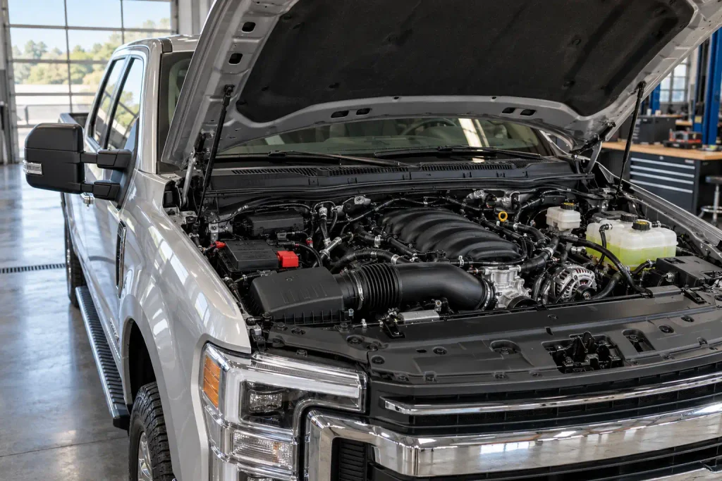 2024 Ford Super Duty showing the 7.3L Godzilla gasoline V8 engine bay