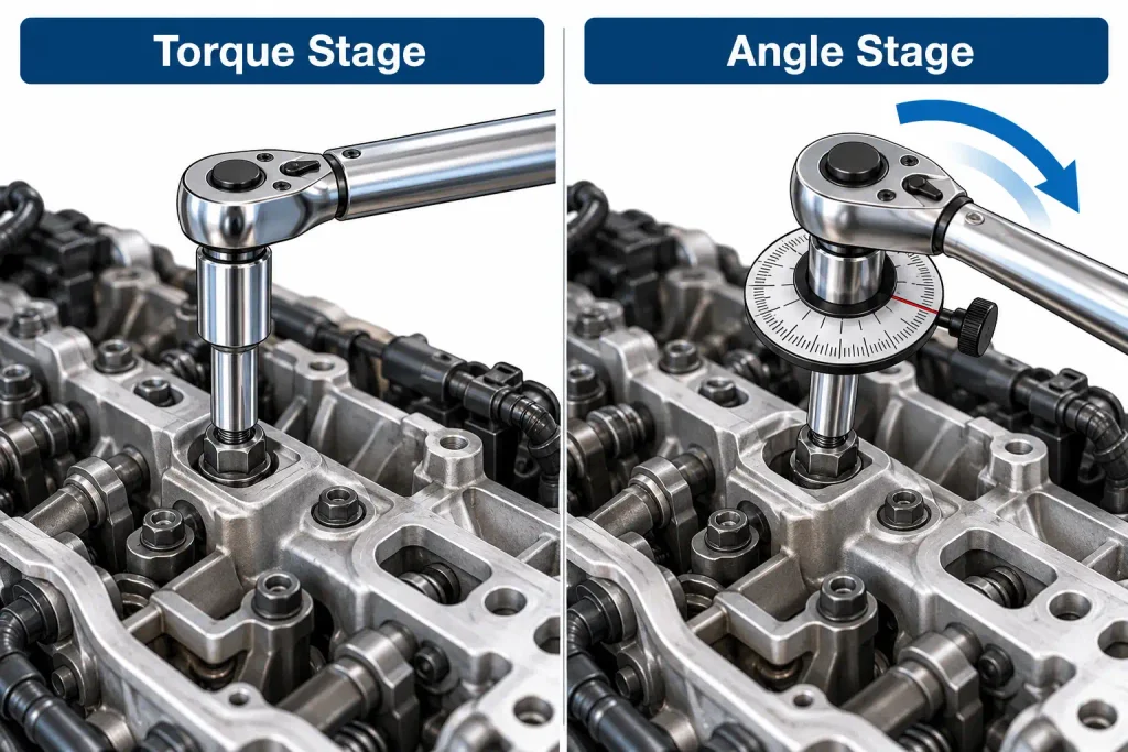 Diagram of torque wrench and angle gauge for Godzilla engine bolts