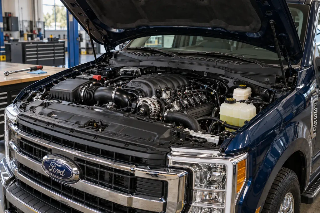 Ford 7.3 Godzilla torque specs feature showing Super Duty engine bay
