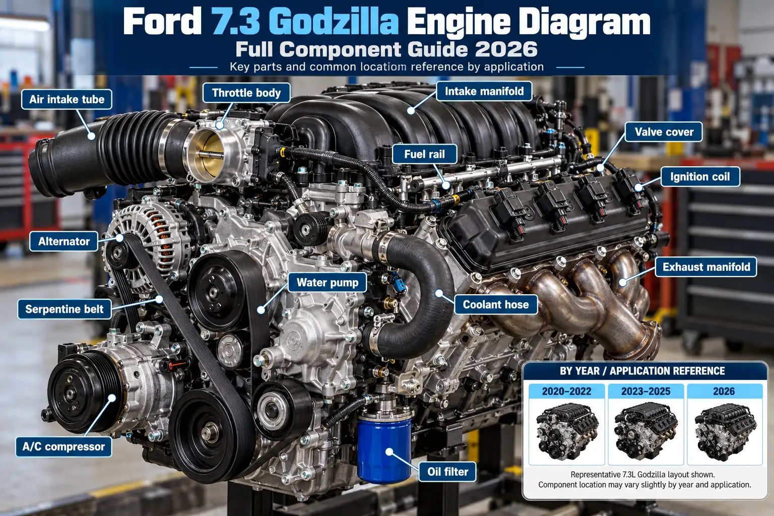 Ford 7.3 Godzilla V8 engine diagram showing labeled components, including intake manifold, ignition coils, alternator, water pump, and oil filter.