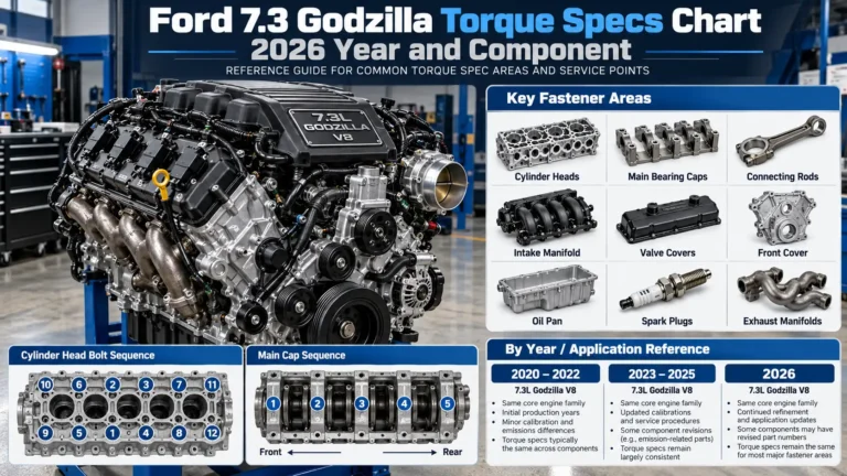 Ford 7.3 Godzilla V8 torque specs chart showing engine fasteners, cylinder head bolt sequence, main cap sequence, and model years 2020–2026.