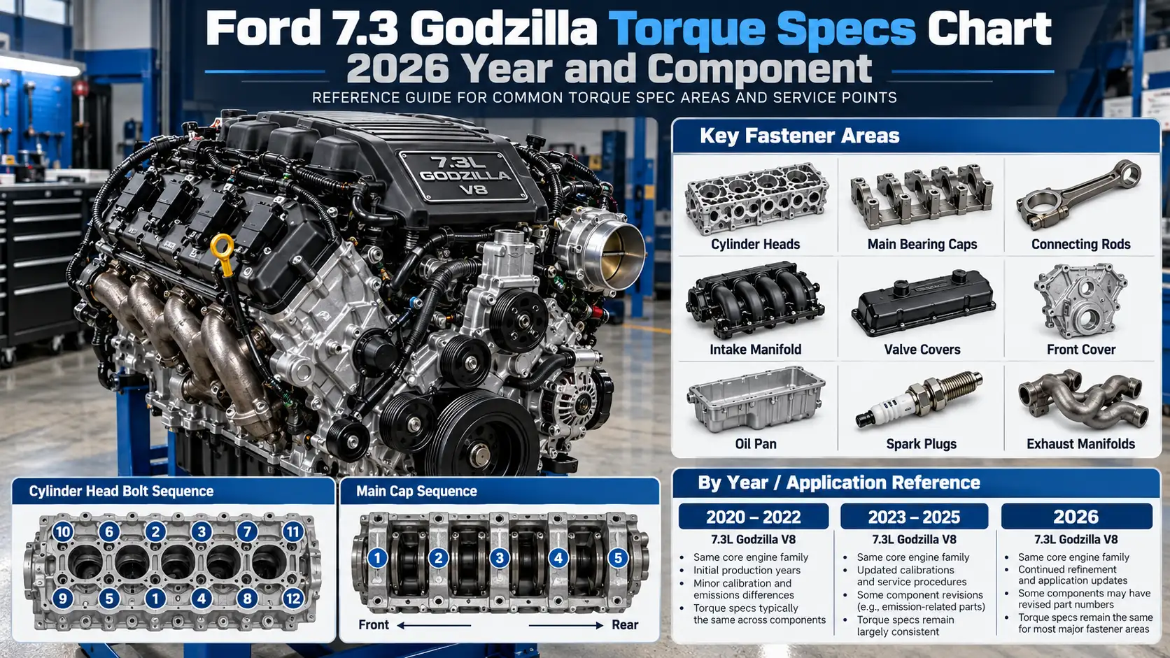 Ford 7.3 Godzilla V8 torque specs chart showing engine fasteners, cylinder head bolt sequence, main cap sequence, and model years 2020–2026.