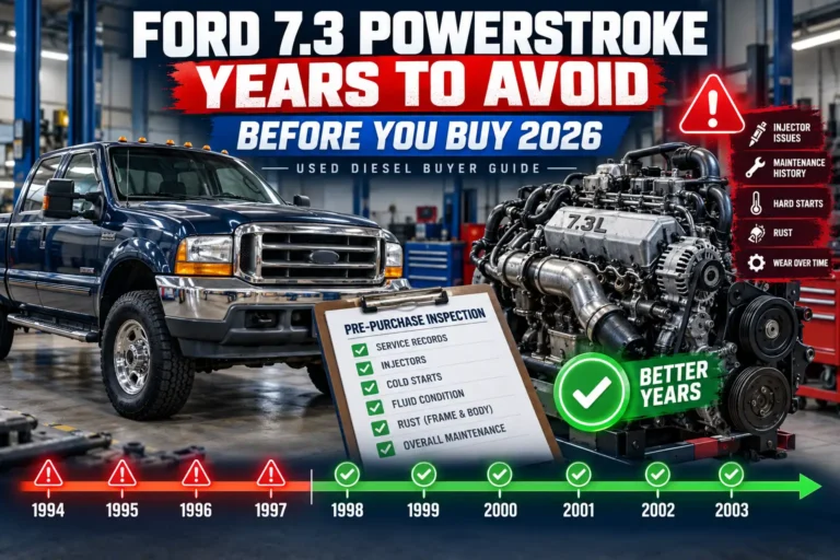 Ford 7.3 Powerstroke years to avoid buyer guide showing a Super Duty diesel truck, engine, and pre-purchase inspection checklist.