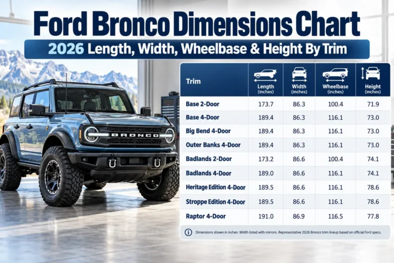 2026 Ford Bronco dimensions chart comparing length, width, wheelbase, and height across 2-door and 4-door trims.