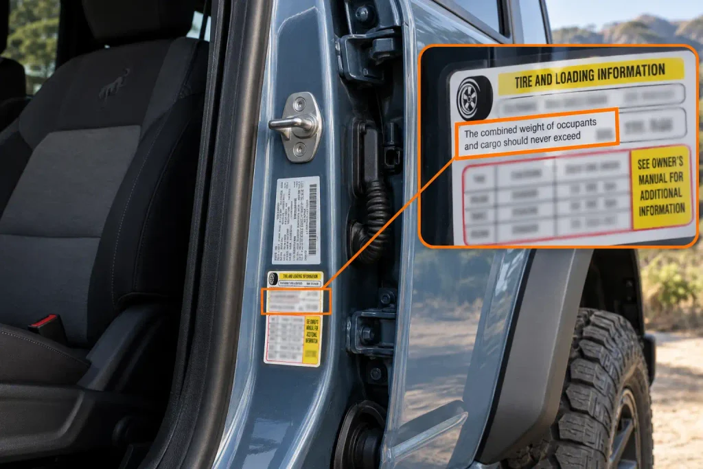 Ford Bronco Payload Capacity Chart By Year & Trim (2021–2026) 3 Ford Bronco doorjamb Tire and Loading label with payload area highlighted