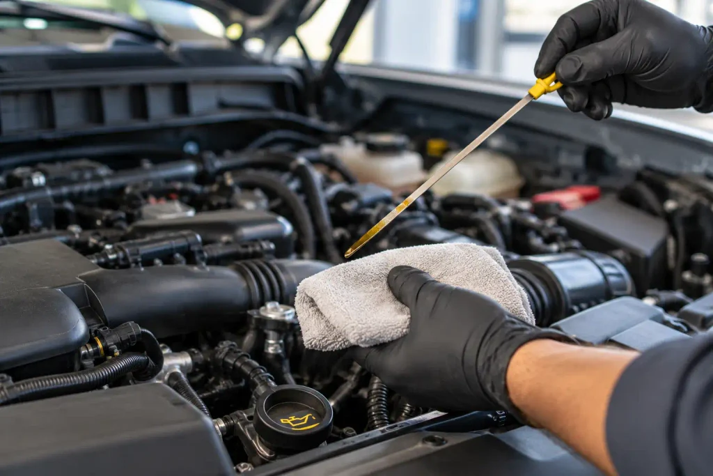Technician checking Ford Bronco engine oil level using a dipstick and clean cloth