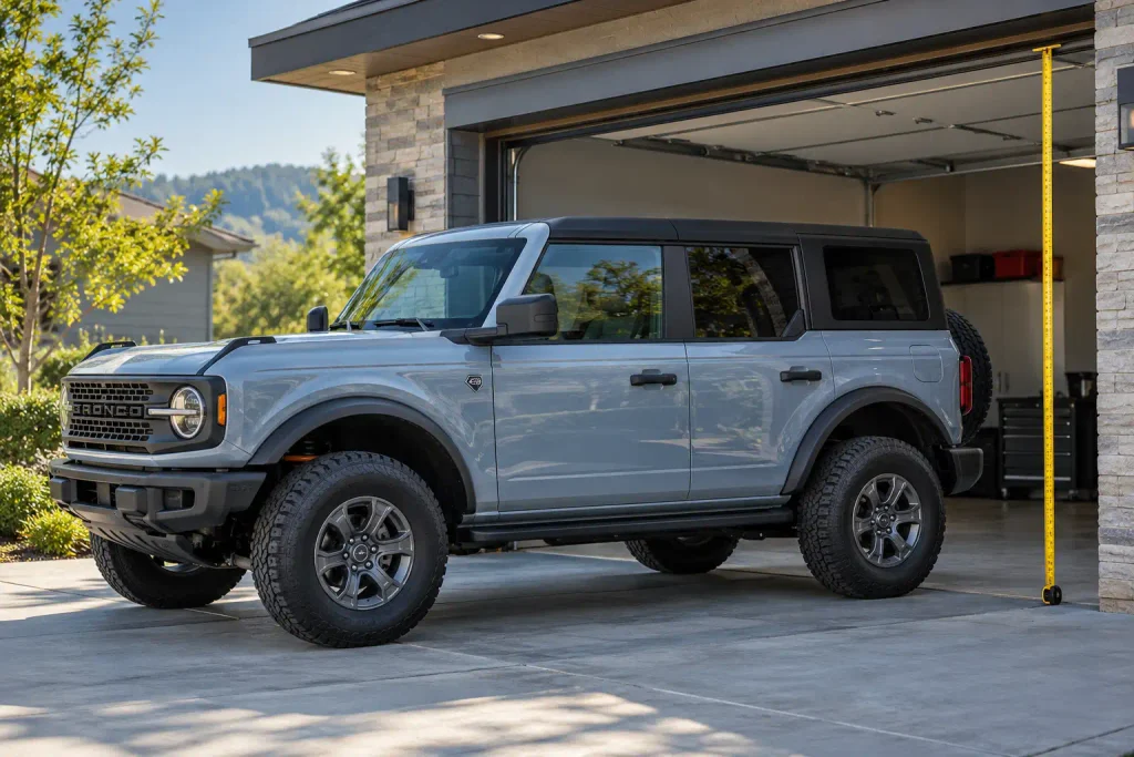 Ford Bronco parked outside garage for height and clearance measurement