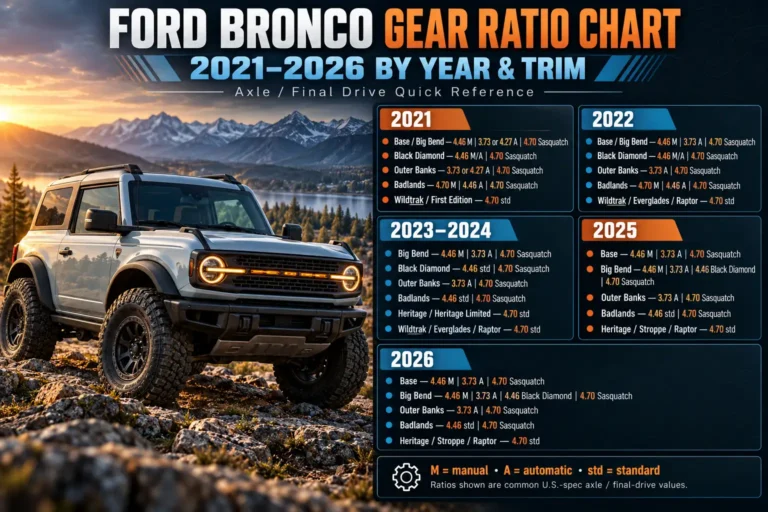 Ford Bronco Gear Ratio Chart by Year and Trim 2021 to 2026 9 Ford Bronco gear ratio chart for 2021–2026 showing axle ratios by year, trim, manual and automatic transmission, and Sasquatch package.