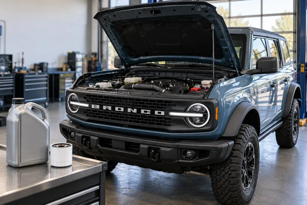 Ford Bronco with open hood illustrating oil capacity specifications by year and engine