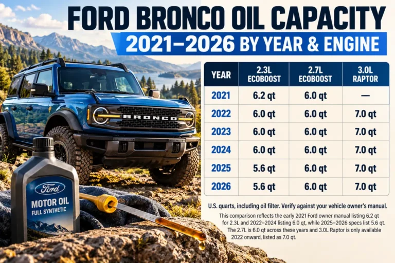 Ford Bronco oil capacity chart for 2021–2026 comparing 2.3L EcoBoost, 2.7L EcoBoost, and 3.0L Raptor engine oil capacities in quarts.