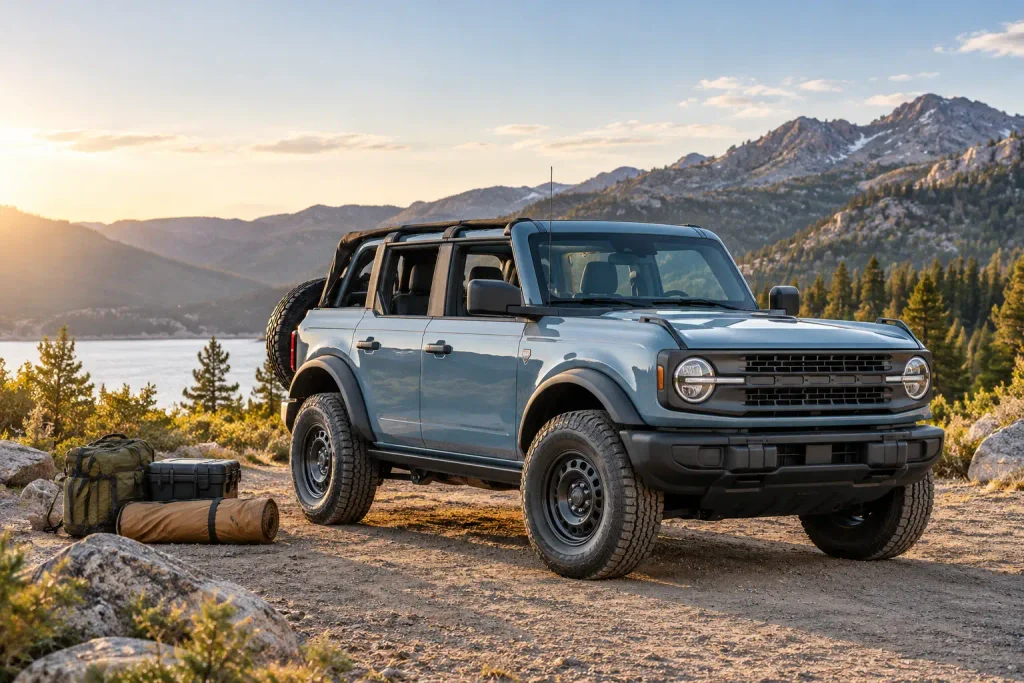 Ford Bronco Payload Capacity Chart By Year & Trim (2021–2026) 2 2026 Ford Bronco beside camping gear for a payload capacity chart