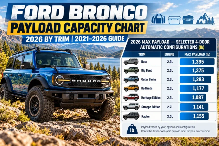 2026 Ford Bronco payload capacity chart comparing Base, Big Bend, Outer Banks, Badlands, Heritage, Stroppe, and Raptor trims in pounds.