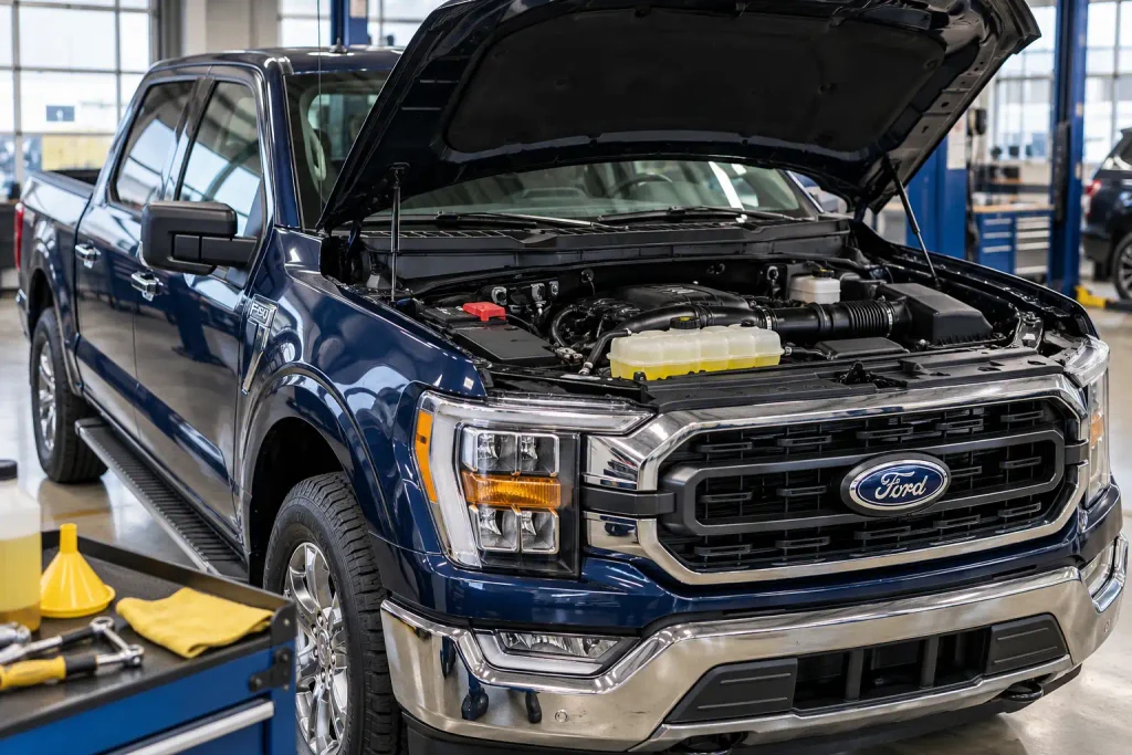 Ford Coolant Type Chart By Year: Gold, Orange & Yellow (1990–2026) 2 Ford F-150 engine bay with coolant reservoir for coolant type chart