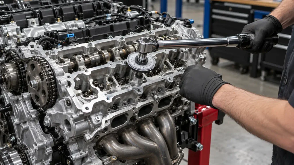 Ford 5.0 Coyote Torque Specs Chart: Head Bolts, Main Caps & Sequence (2026) 3 Technician using torque-angle wrench on Ford 5.0 Coyote cylinder head bolts