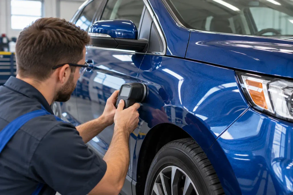 Ford Edge Paint Code Chart By Year: 2026 Colors, Codes & Location 3 Technician checking Ford Edge metallic paint with a color matching device
