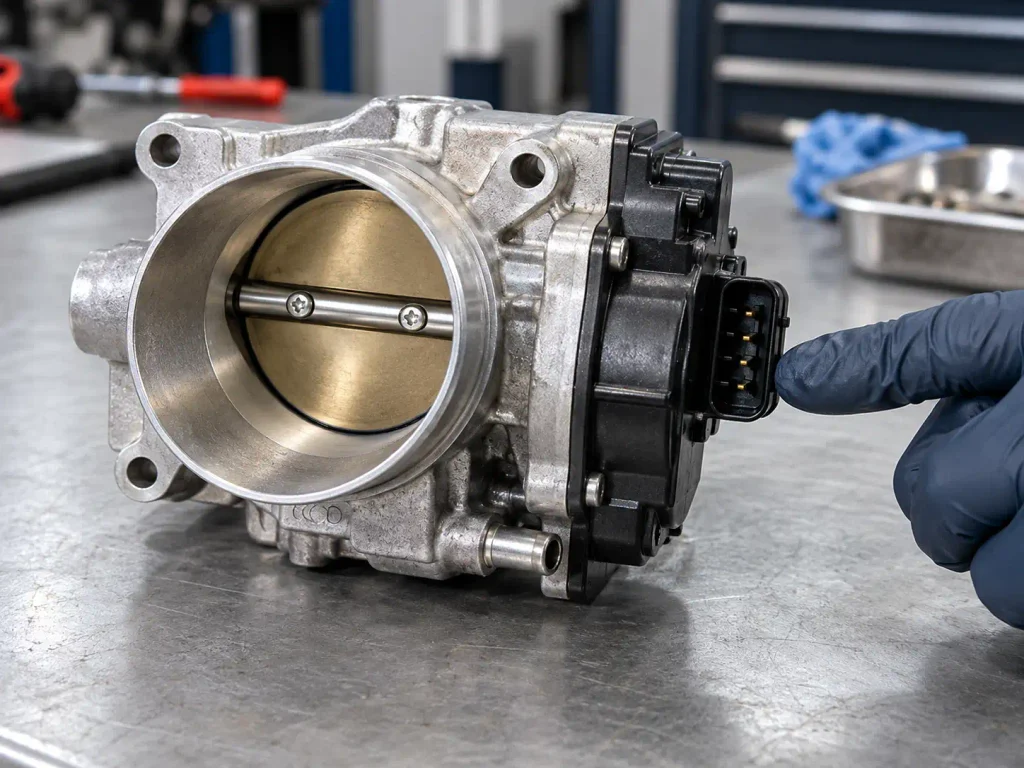 Close-up of Ford electronic throttle body plate and electrical connector before inspection