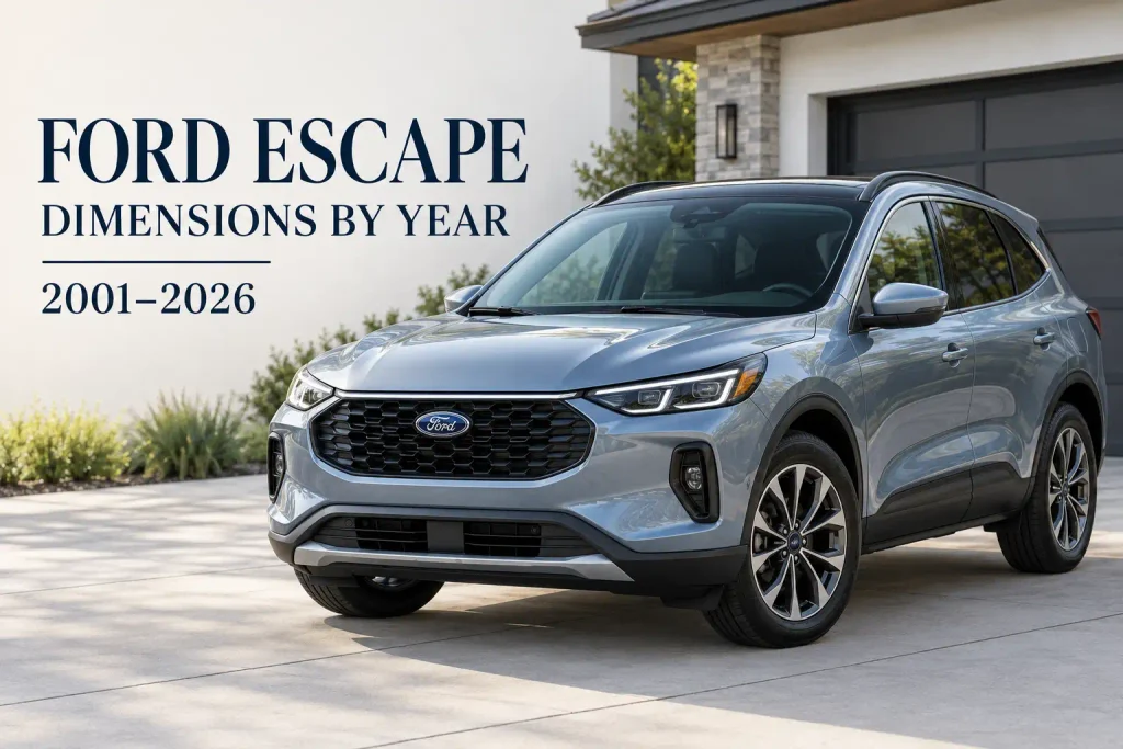Ford Escape Dimensions Chart By Year: 2026 Length, Width, Wheelbase & Cargo 2 Ford Escape dimensions chart featured graphic showing a modern SUV beside a garage