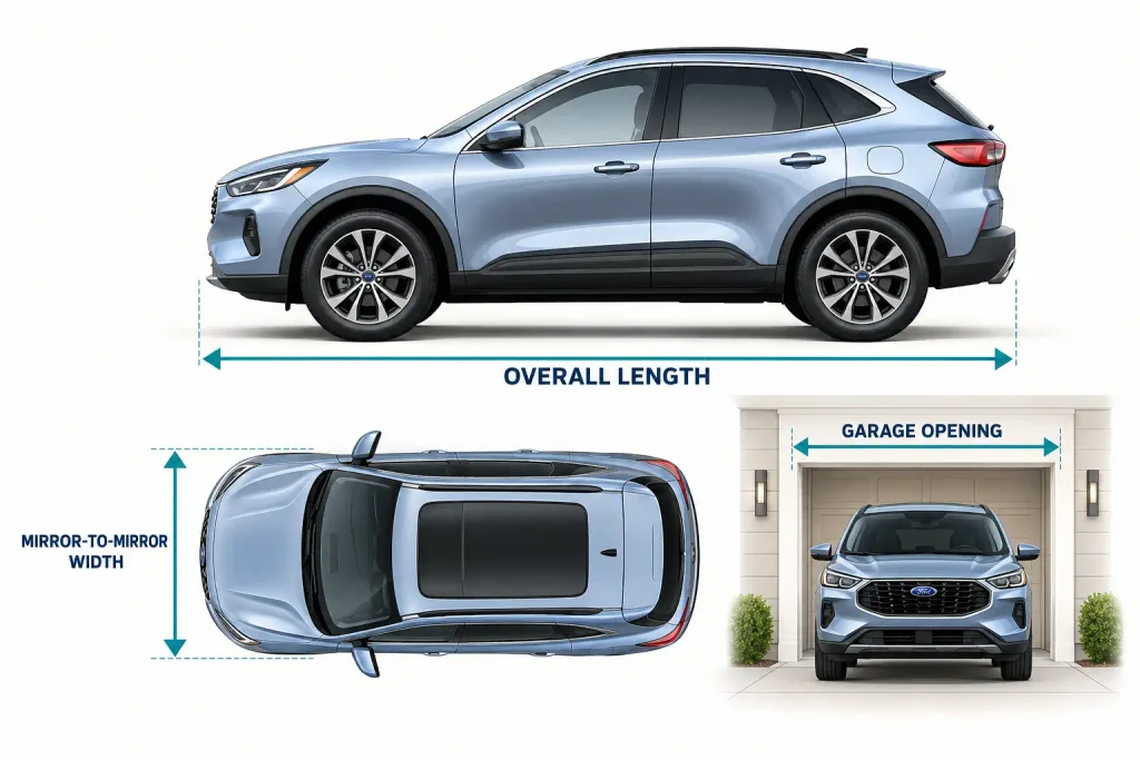 Ford Escape Dimensions Chart By Year: 2026 Length, Width, Wheelbase & Cargo 3 Diagram of Ford Escape length, mirror width, and garage clearance measurements