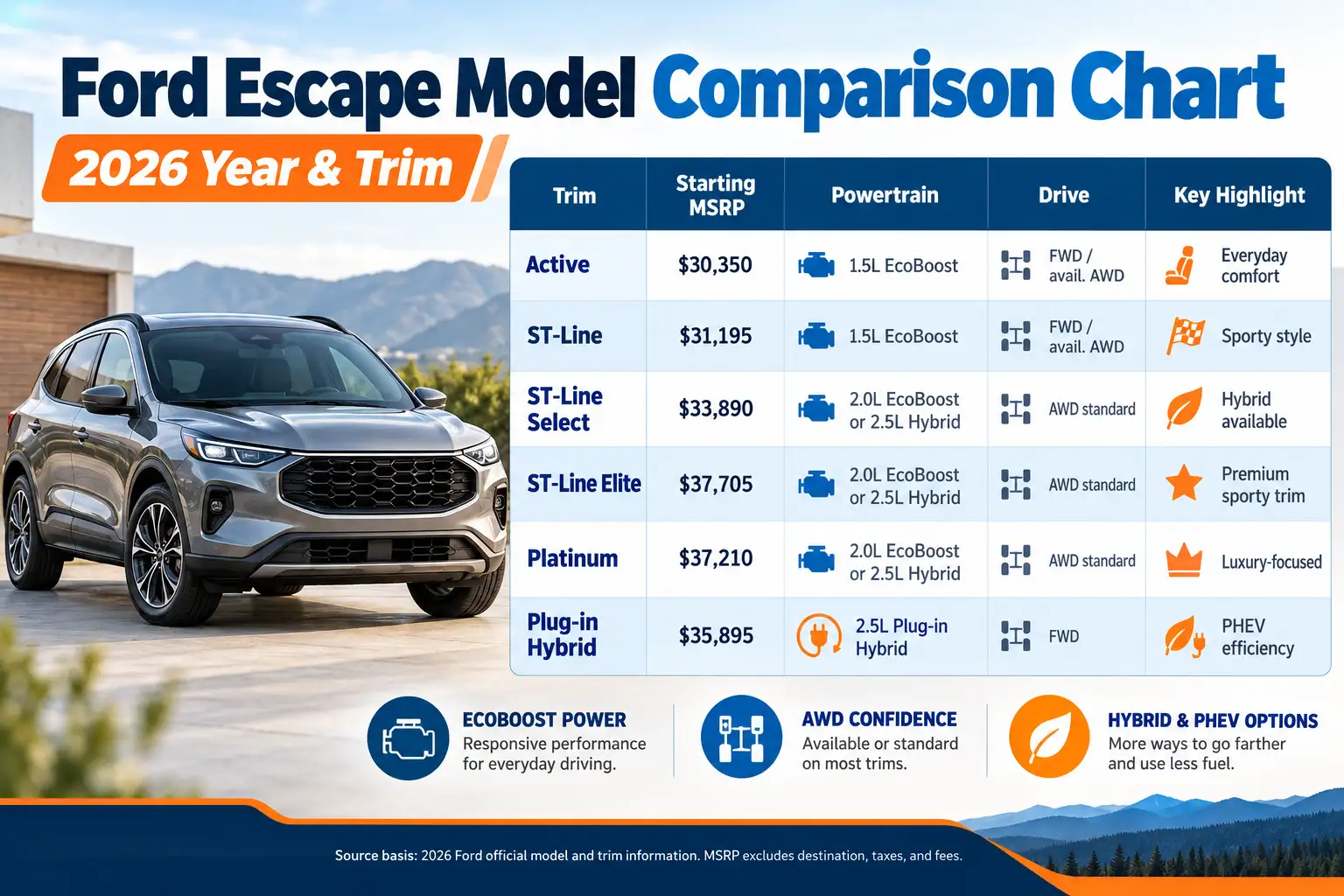 Ford Escape Model Comparison Chart: 2026 Year & Trim 1 2026 Ford Escape model comparison chart showing Active, ST-Line, ST-Line Select, ST-Line Elite, Platinum, and Plug-in Hybrid trims with starting prices, engines, drivetrains, and key features.