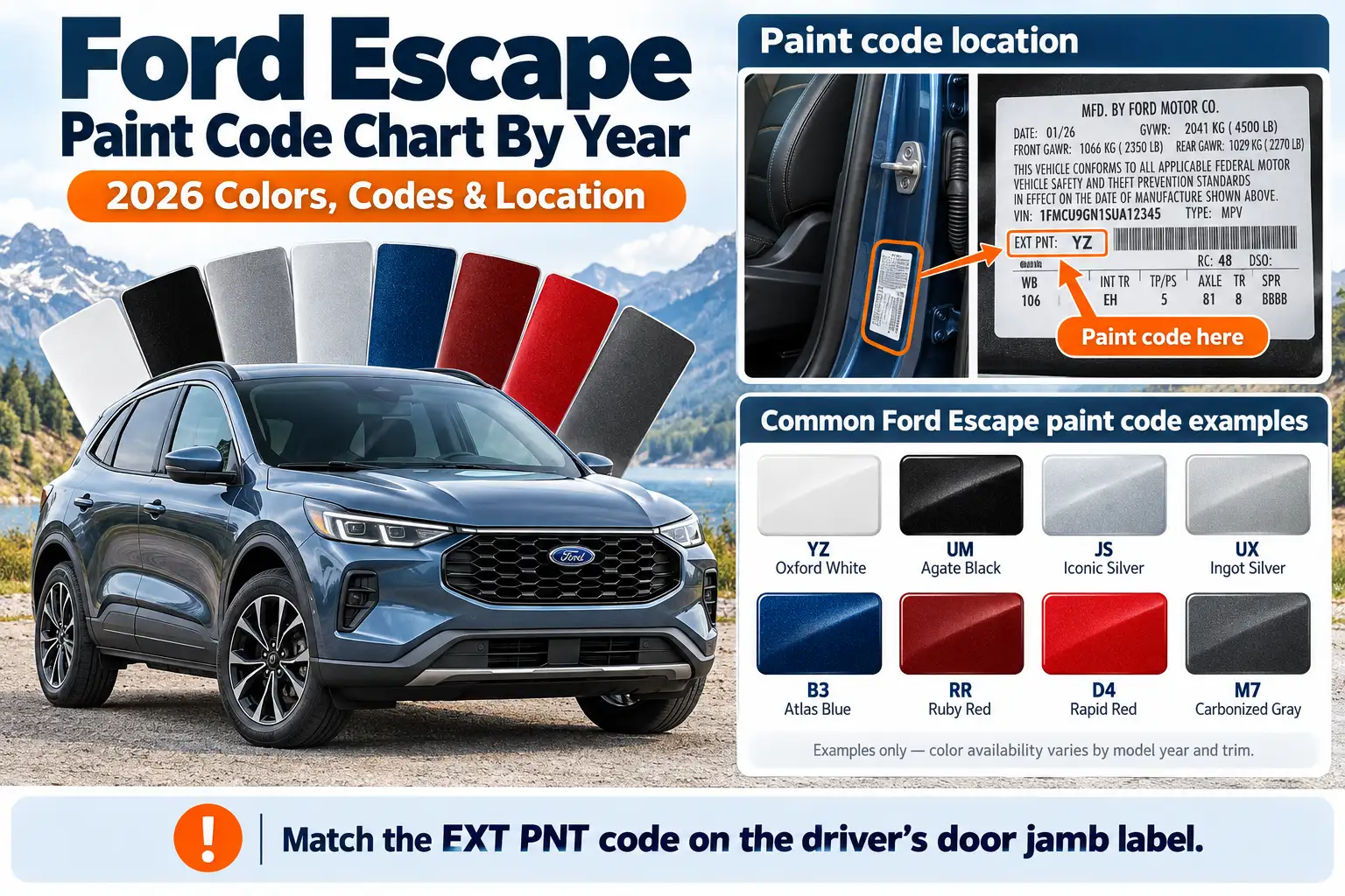Ford Escape Paint Code Chart By Year: 2026 Colors, Codes & Location 1 Ford Escape paint code chart showing exterior color swatches, paint codes, and the EXT PNT location on the driver's door jamb label.