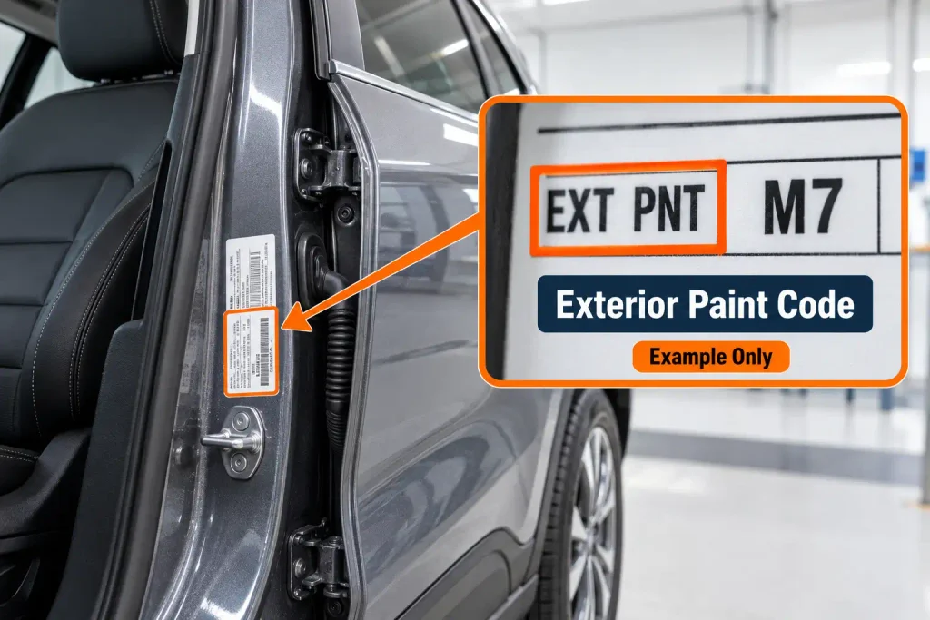 Ford Escape Paint Code Chart By Year: 2026 Colors, Codes & Location 2 Ford Escape driver door jamb label showing highlighted EXT PNT paint code