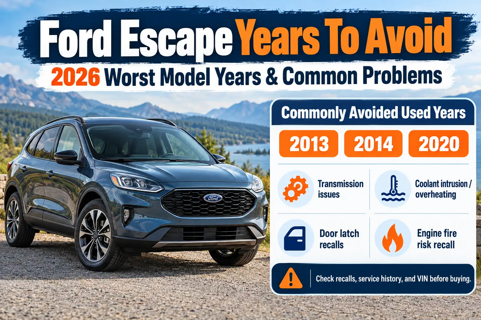 Ford Escape Years To Avoid: 2026 Worst Models Years & Common Problems 1 Ford Escape years to avoid in 2026, highlighting 2013, 2014, and 2020 models with transmission issues, coolant intrusion, door latch recalls, and engine fire risks.