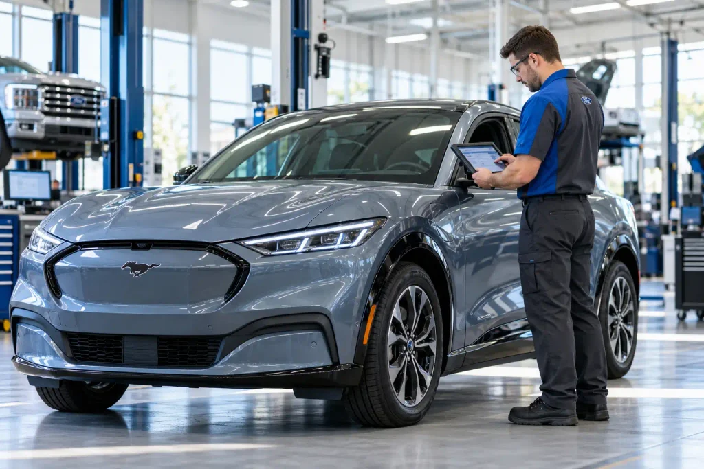 Ford EV Battery Warranty: 2026 Coverage and Claim Rules 3 EV certified technician reviewing Ford Mustang Mach-E battery warranty diagnostic data
