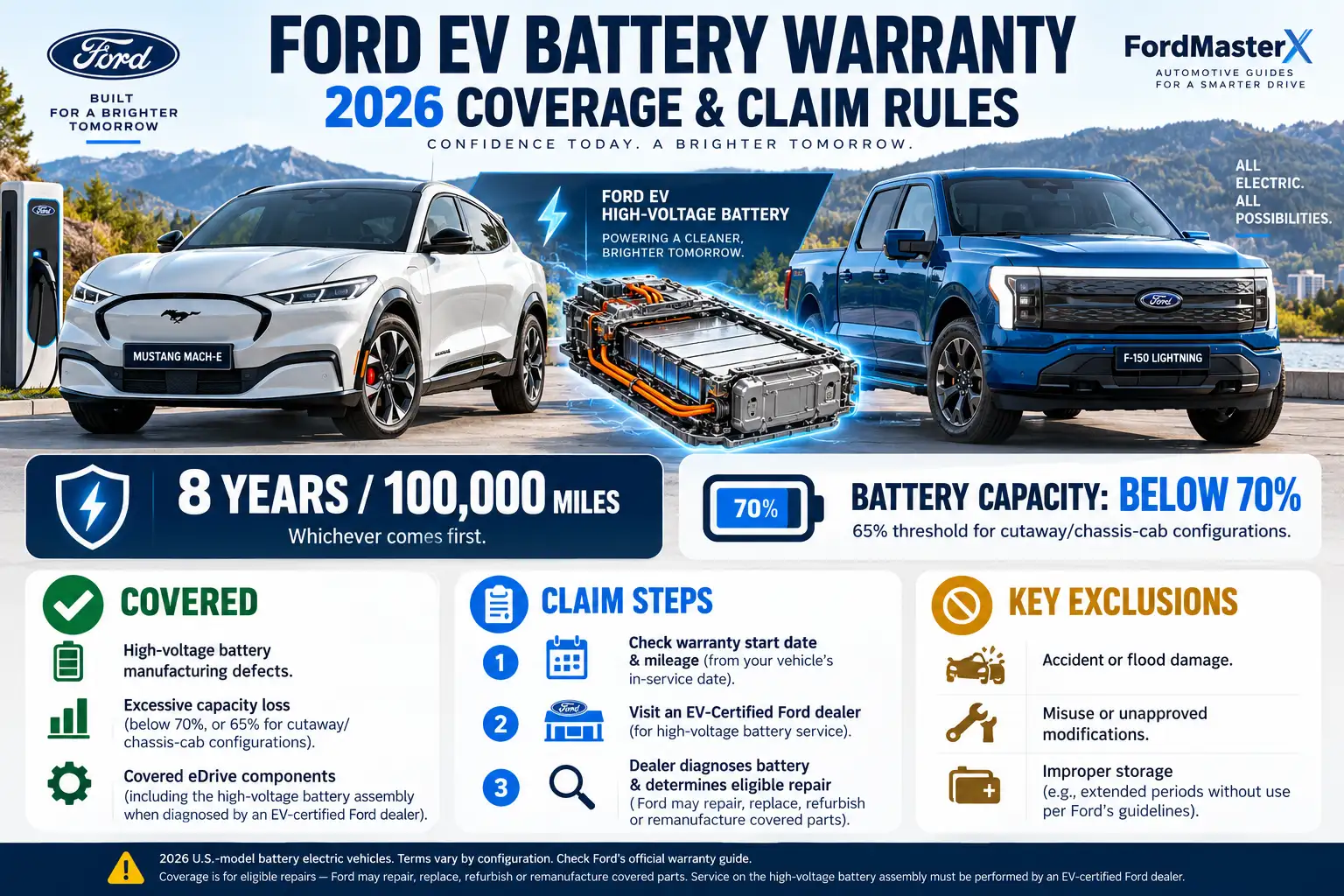 Ford EV Battery Warranty: 2026 Coverage and Claim Rules 1 Ford EV battery warranty 2026 infographic showing 8-year/100,000-mile coverage, battery capacity protection, claim steps, and exclusions for Mustang Mach-E and F-150 Lightning