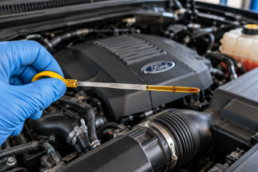 Ford Expedition Oil Capacity Chart By Year & Engine (1997–2026) 3 Mechanic checking Ford Expedition engine oil level using the dipstick