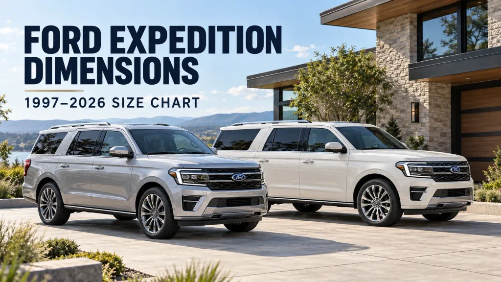 2026 Ford Expedition and MAX SUVs shown for a dimensions chart comparison.