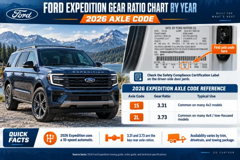 Ford Expedition Gear Ratio Chart by Year: 1997-2026 Axle Code 1 2026 Ford Expedition gear ratio chart showing axle codes 15 (3.31) and 2L (3.73), with the axle code location on the driver's door jamb label.