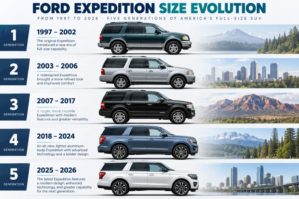 Side-profile diagram comparing Ford Expedition body designs across five generations