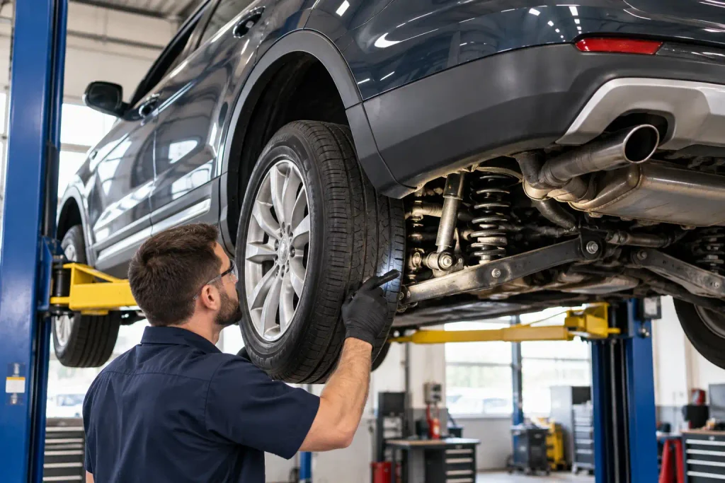 Mechanic checking Ford Explorer rear suspension during a used-car inspection