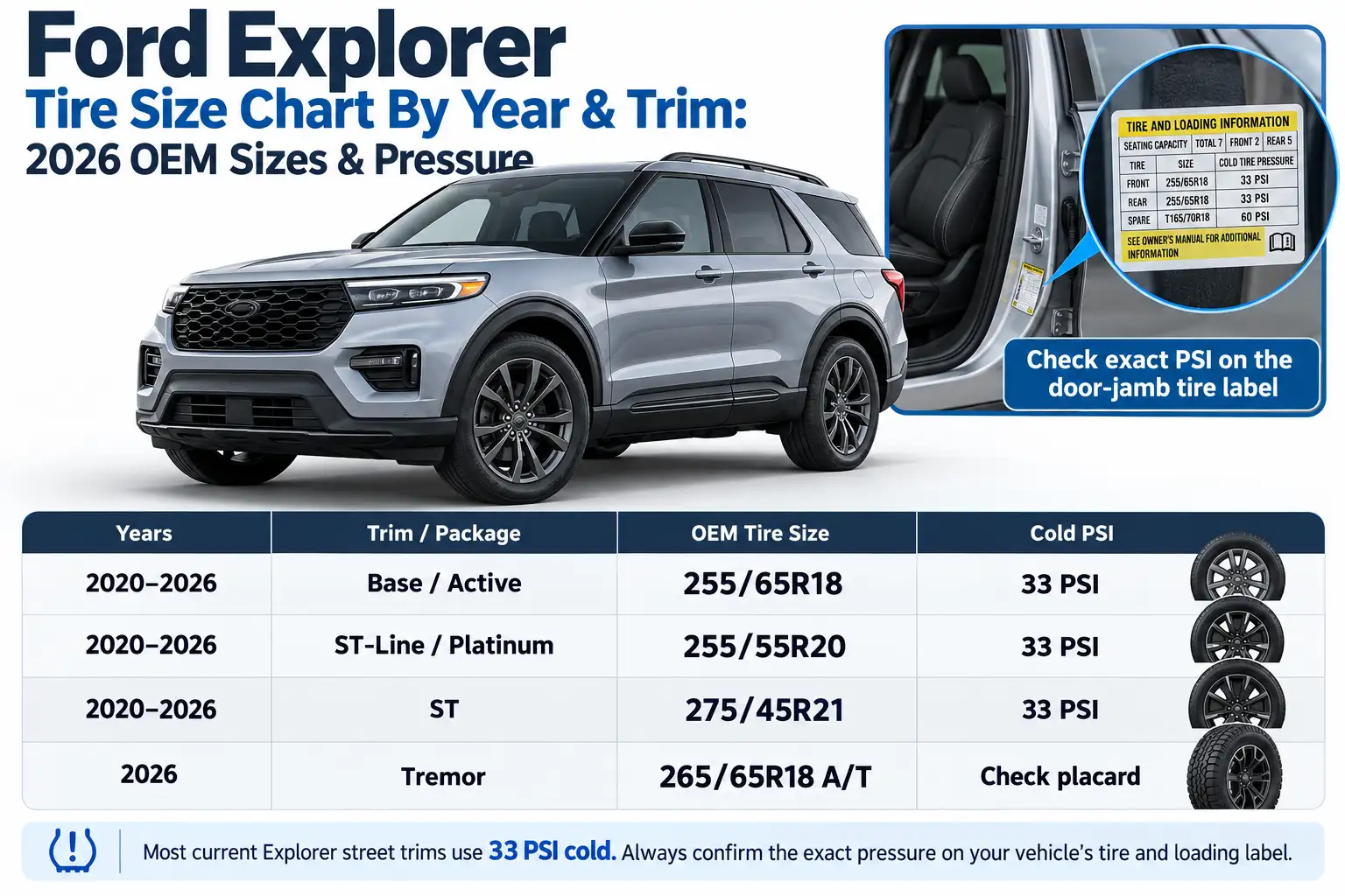 Ford Explorer OEM tire size chart for 2020–2026, comparing Base, Active, ST-Line, Platinum, ST, and Tremor trims with tire sizes, cold PSI, and driver's door-jamb tire pressure label location